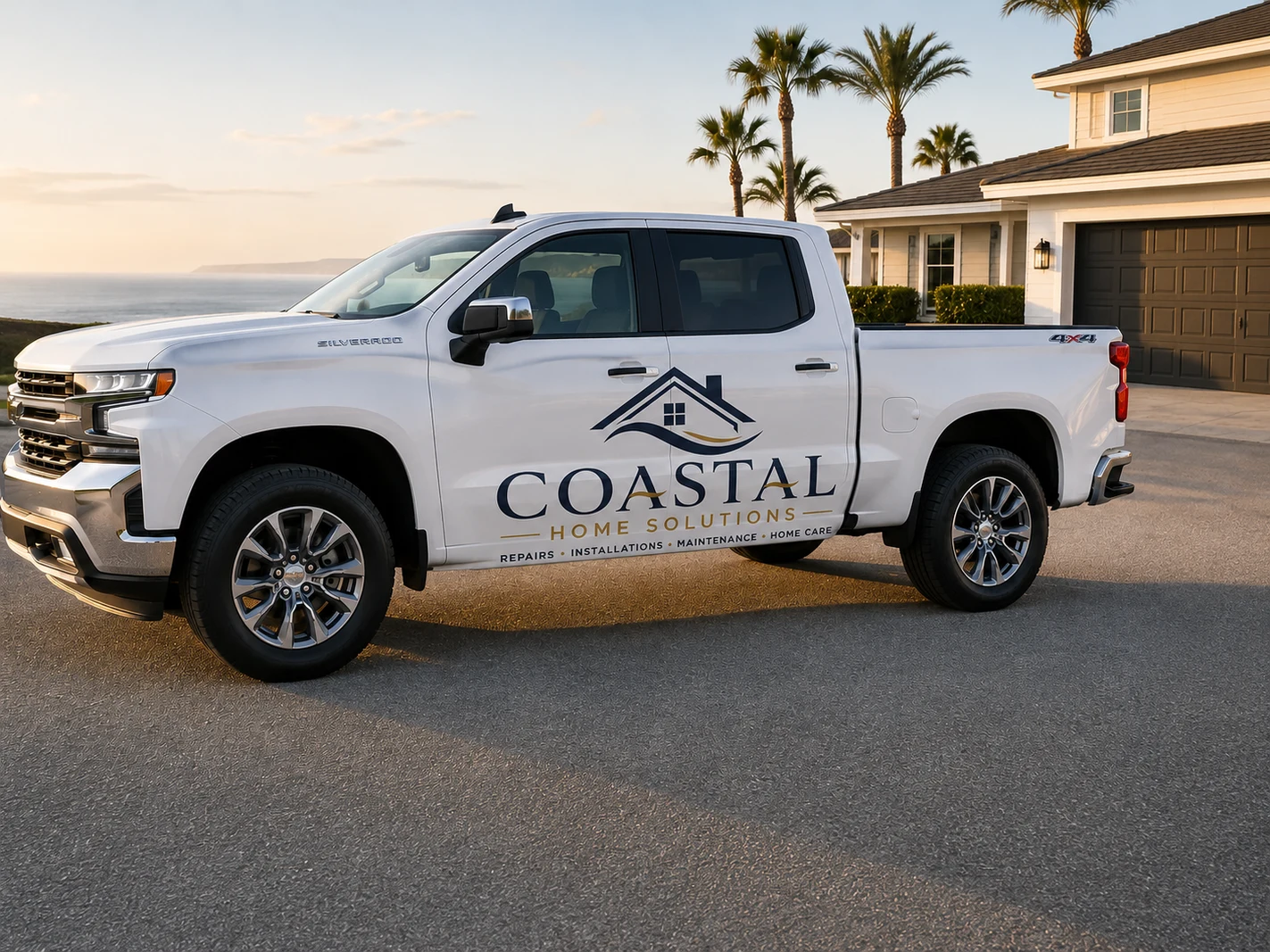 White Coastal Home Solutions service truck at a coastal South Orange County home
